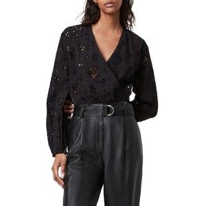 ALLSAINTS Black Amara Broderie Eyelet Surplice V-Neck Bodysuit Women's Sz 2